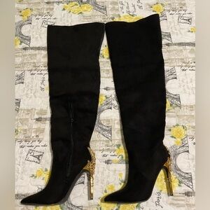 Elegant Black Over-the-Knee Boots with Gold Heel